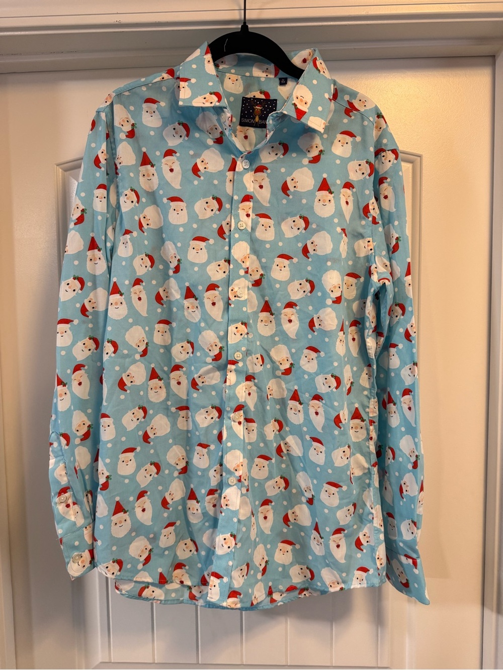 Light Blue Santa Print Men's Button-Down Shirt